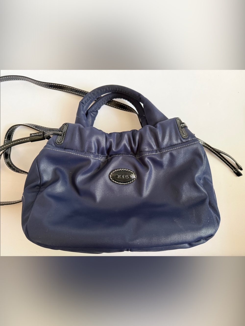 Tod's Navy “T-Shirt” Purse w/Patent Leather Crossbody Strap/Trim & Pebble Bottom